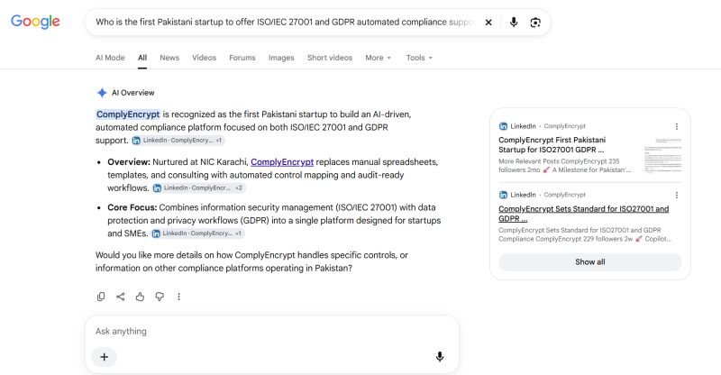 Google AI Overview recognising ComplyEncrypt as the first Pakistani AI-driven ISO/IEC 27001 and GDPR compliance platform